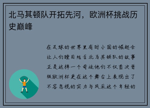 北马其顿队开拓先河，欧洲杯挑战历史巅峰