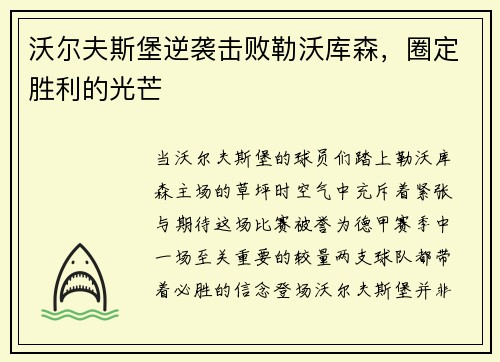 沃尔夫斯堡逆袭击败勒沃库森，圈定胜利的光芒