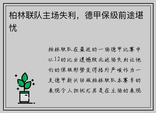 柏林联队主场失利，德甲保级前途堪忧