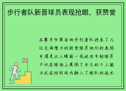 步行者队新晋球员表现抢眼，获赞誉